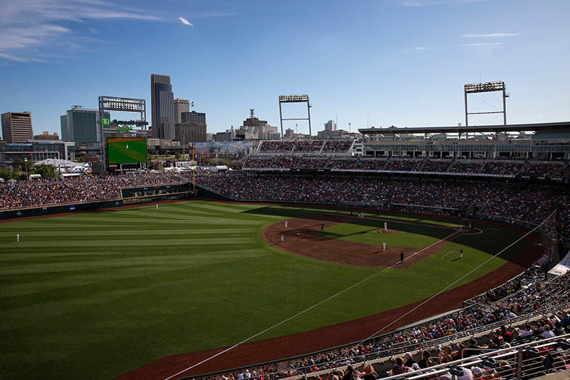 The downtown Omaha skyline rests behind the right field wall of TD Ameritrade Park, home of the College World Series.