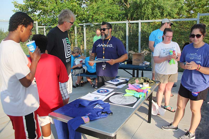 Galdamez speaks with attendees at the Omaha Storm Chasers' Lunar Landing Night.