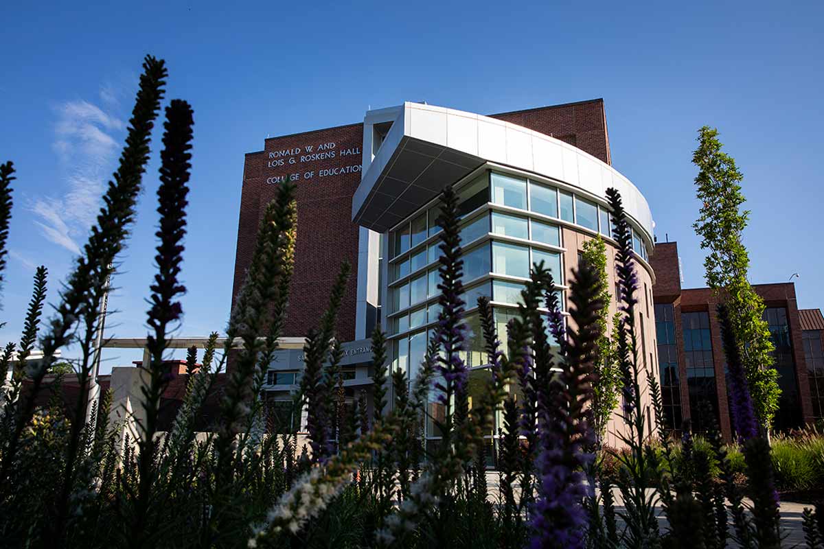 A photo of Roskens hall during the early morning.