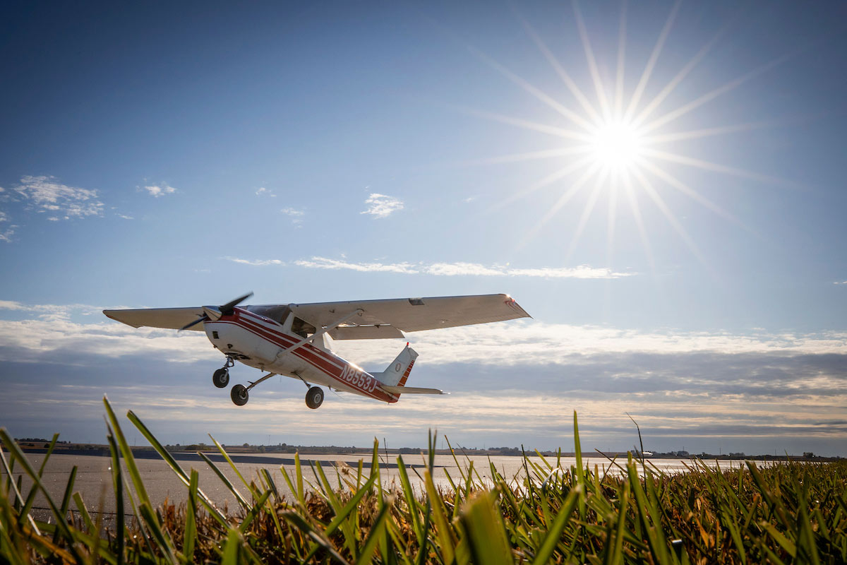 A UNO plane takes off for a flying lesson.