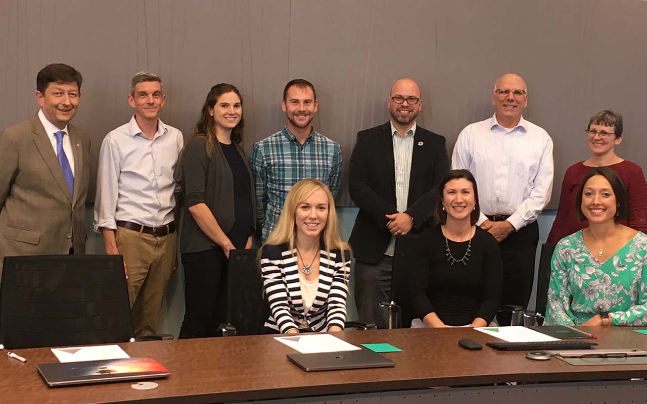 Pictured are faculty, staff, and a graduate student involved in the EMPLOYEE S-STEM program at UNO. From left: (Back) Sacha Kopp, Ph.D., John Conrad, Ph.D., Heather Leas (Grant Coordinator - STEM Education Grants), Nik Stevenson (graduate student), Christopher Moore, Ph.D., William Tapprich, Ph.D., Claudia Rauter, Ph.D. (Front, seated) Rachel Meredith (Grant Coordinator), Christine Cutucache, Ph.D., and Kelly Gomez-Johnson, Ed.D.
