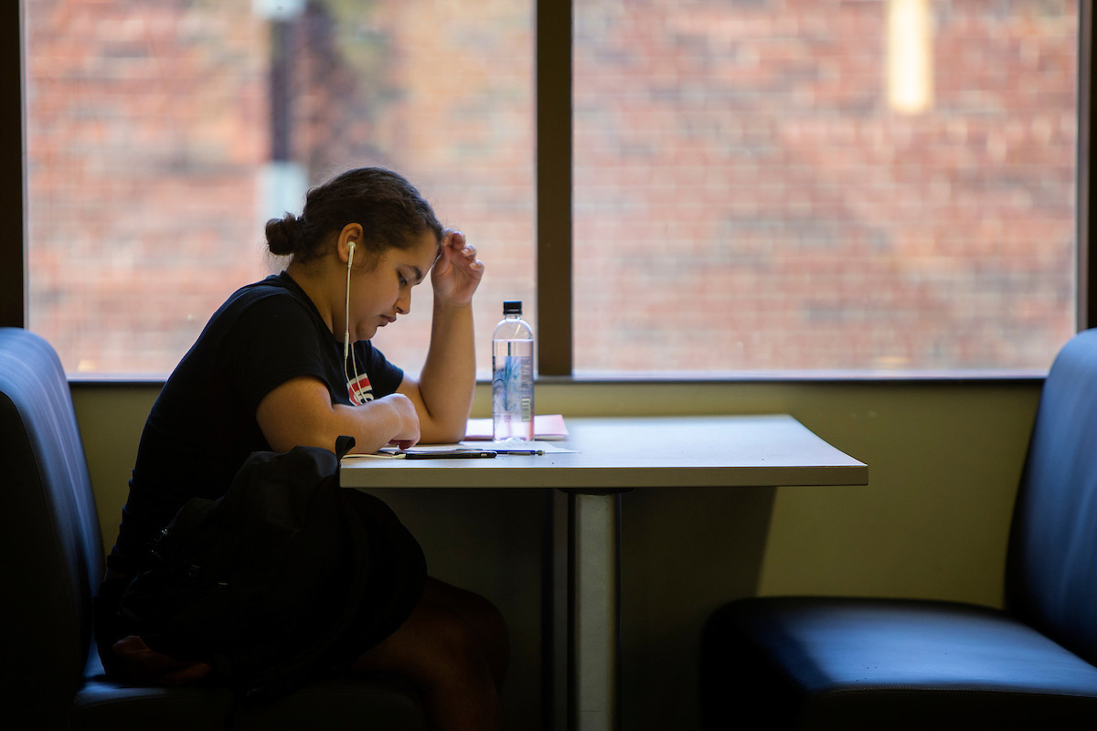 A student studies inside Roskens Hall