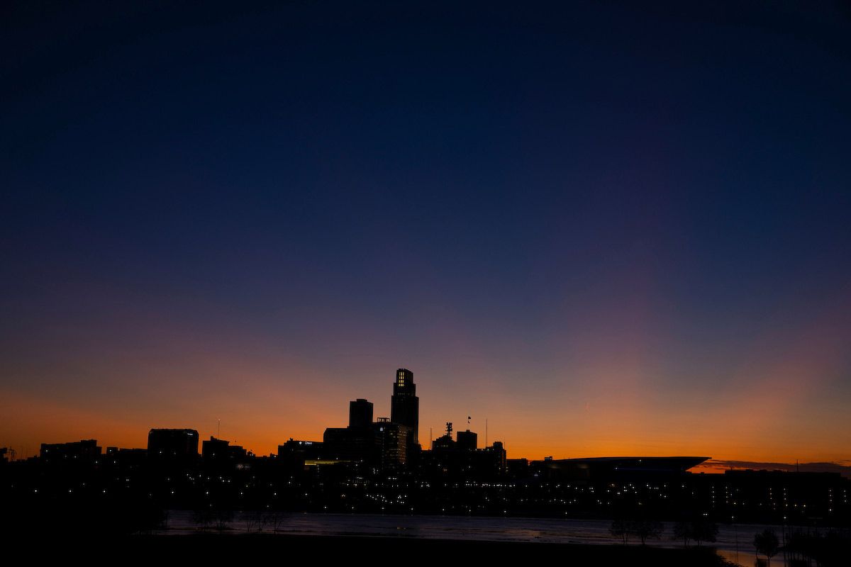 A photo of the Omaha skyline at sunset