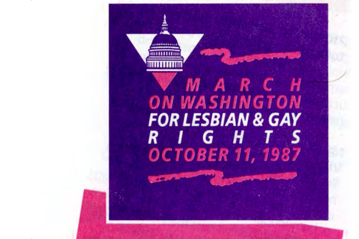 A purple and pink flier from 1987 with information about a march in Washington D.C. for equal rights 