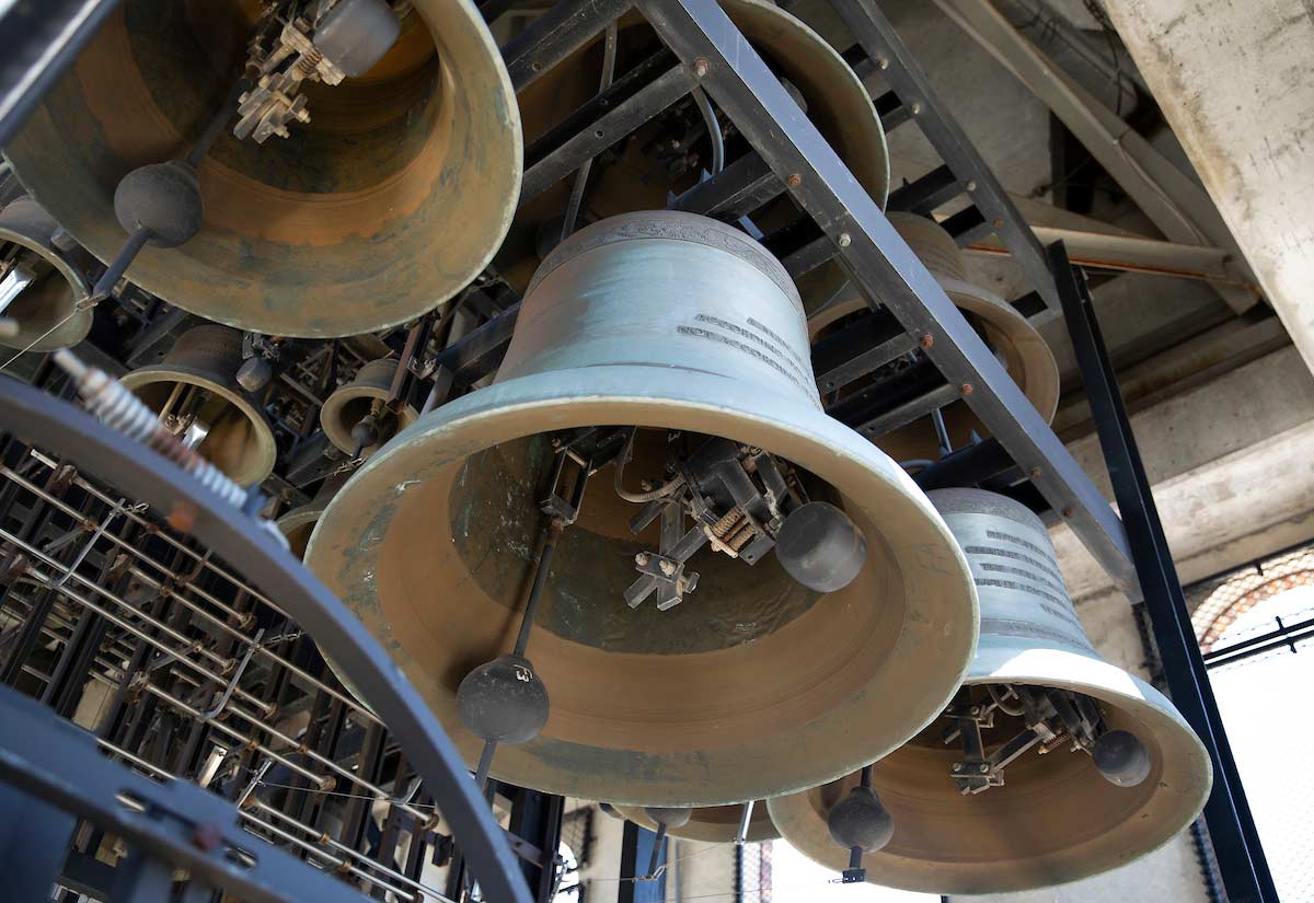 A photo of the bells inside the Henningson Memorial Campanile
