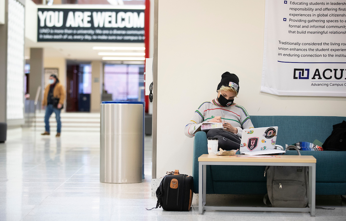 A student studies in the Milo Bail Student Center.