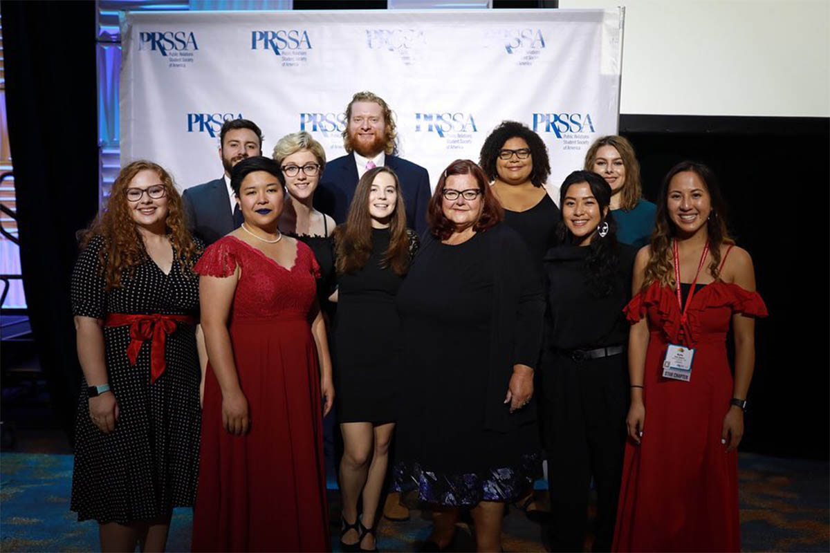UNO PRSSA and MaverickPR students pose for a photo after receiving a national award at the 2019 PRSSA International Conference.