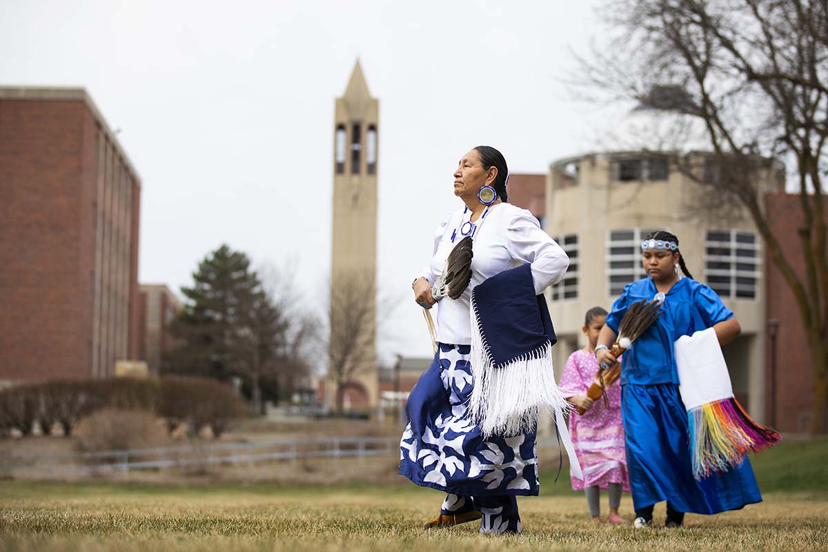 Native American women perform a traditional dance in the Pep Bowl on UNO's campus as part of the Annual Wambli Sapa Memorial Pow Wow at UNO. 