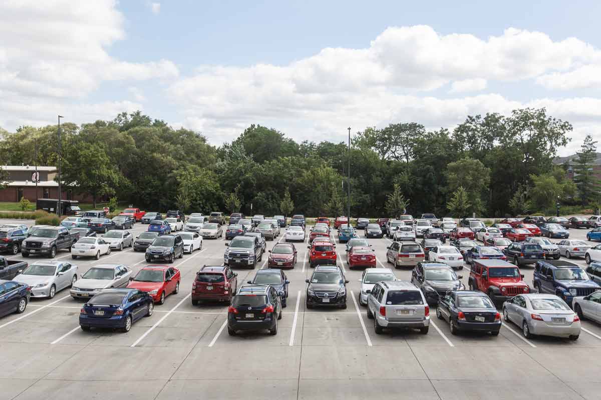 Cars parked south of the Criss Library