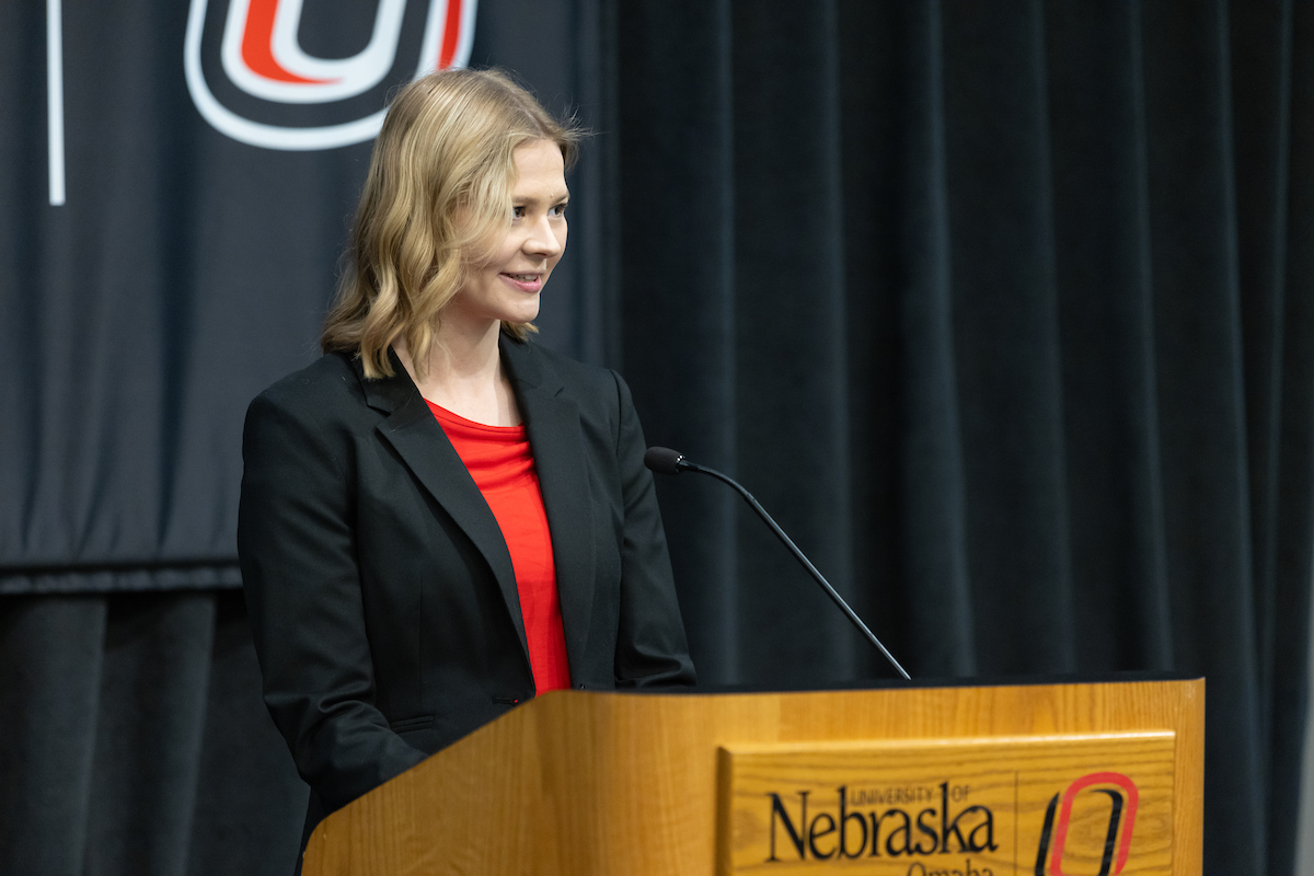 Veronica Chapman speaks at a podium.