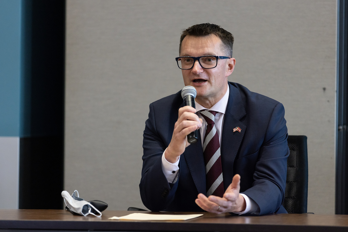 Jānis Garisons, state secretary of the Ministry of Defense of Latvia, speaks at UNO's Barbara Weitz Community Engagement Center (CEC).