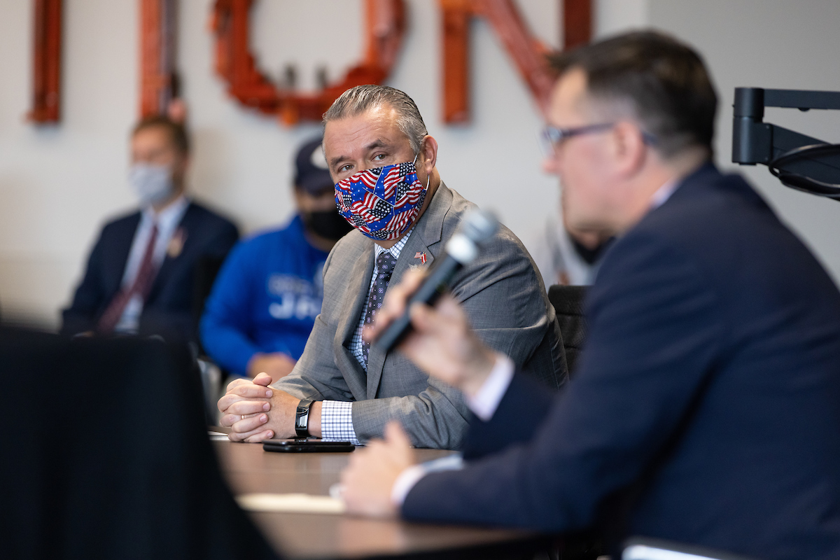 Rep. Don Bacon (NE-02) listens as Jānis Garisons, state secretary of the Ministry of Defense of Latvia, shares what the Baltic nation needs to maintain its democracy in terms of military strength, international partnerships, and technological defenses.