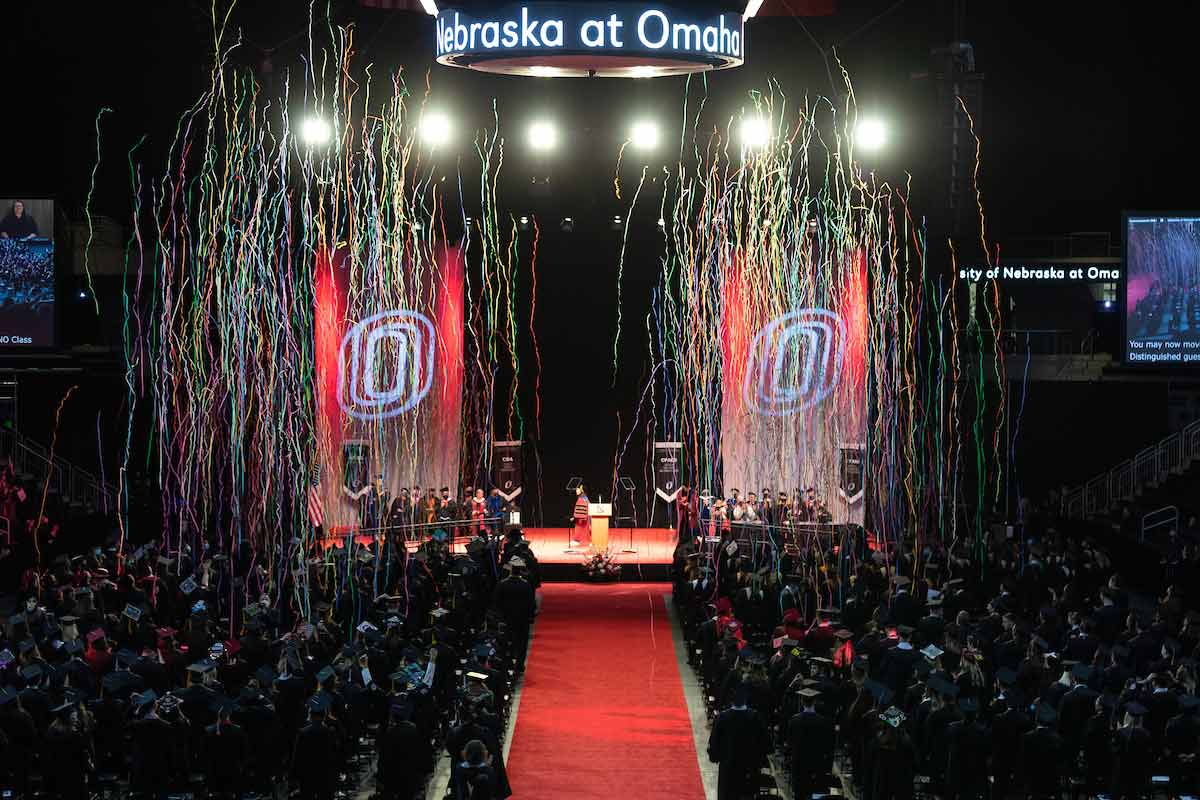 Streamers cover the Baxter Arena floor at the end of Commencement 