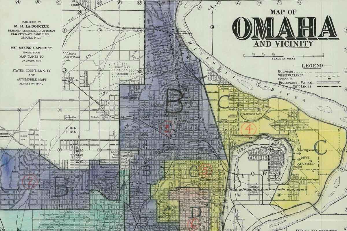 An early, color-coded map of the Omaha metro area.