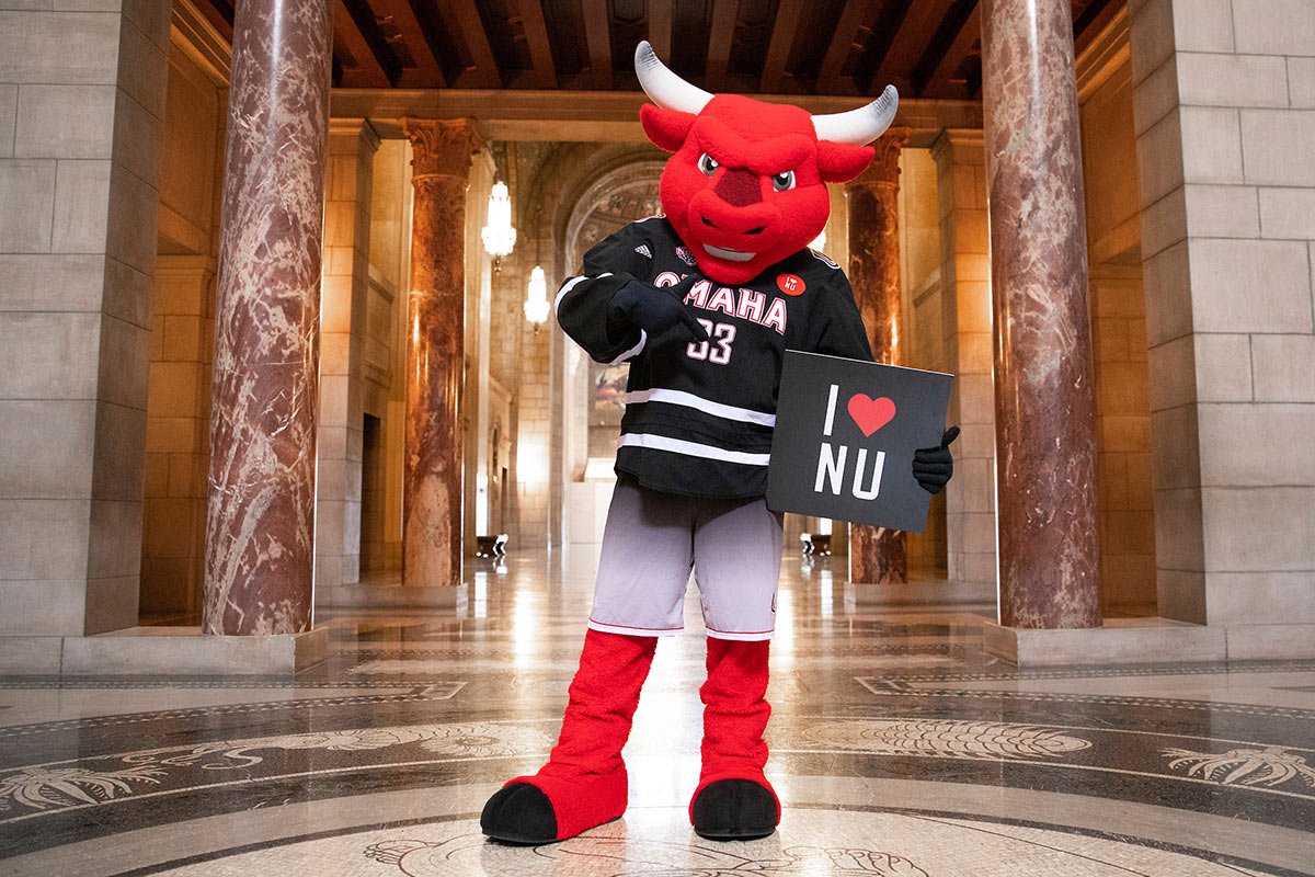 Durango enjoying his visit to the Nebraska State Capitol for "I Love NU" Day.