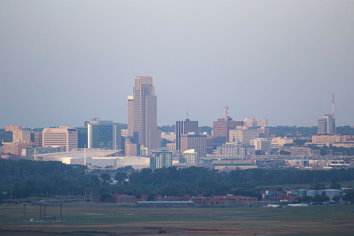 The Omaha skyline as pictured from the Council Bluffs side of the Missouri River in July 2020.