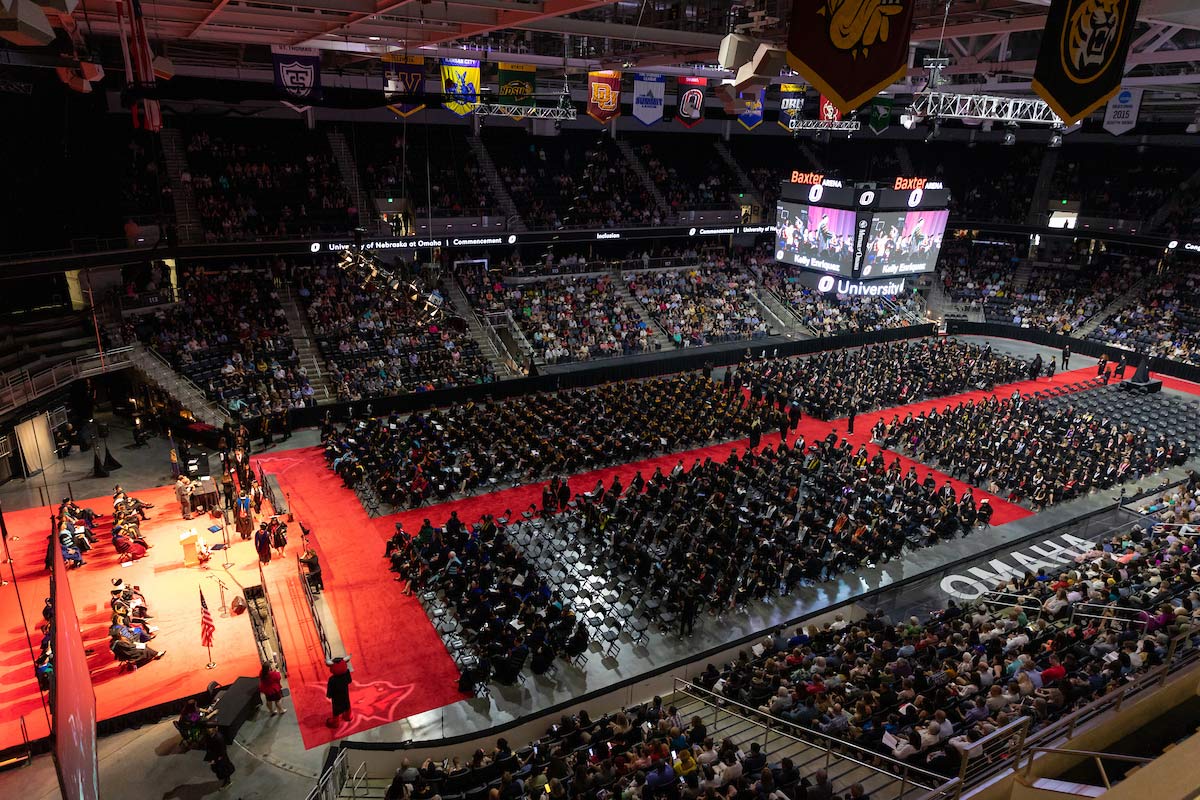 Interior of Baxter Arena filled with students, friends, family, and UNO faculty and staff.