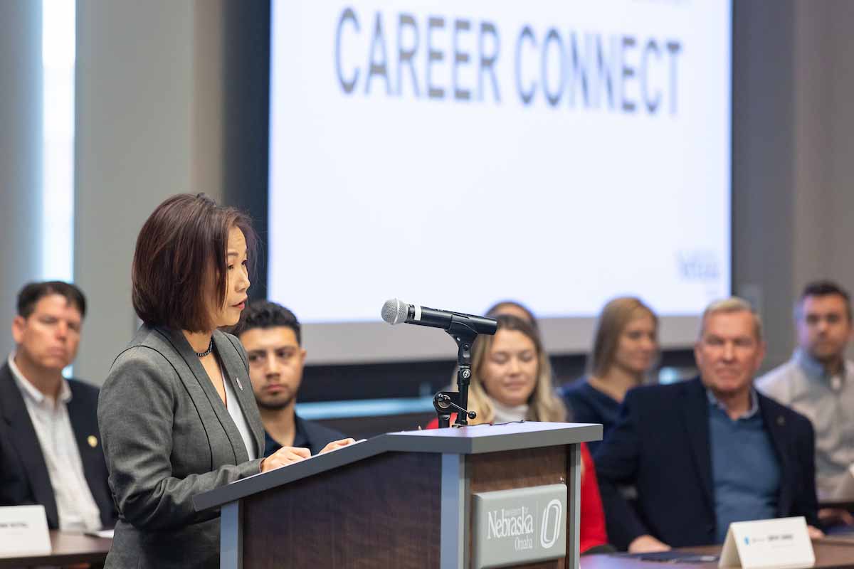 Chancellor speaks to a crowd at the Career Connect launch event.