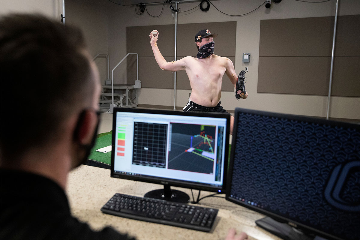Kyle Seebach, a pitcher for Northern Illinois University, traveled to UNO's Pitching Lab within the Biomechanics Research Building to improve his pitching.