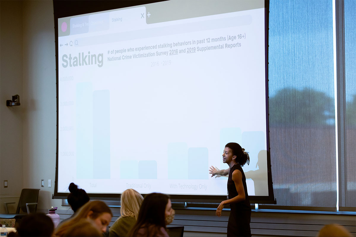  Leah Butler, Ph.D., assistant professor in UNO's School of Criminology and Criminal Justice, led a session on stalking behavior, how technology is used to facilitate stalking, and legal and support options available to stalking victims.