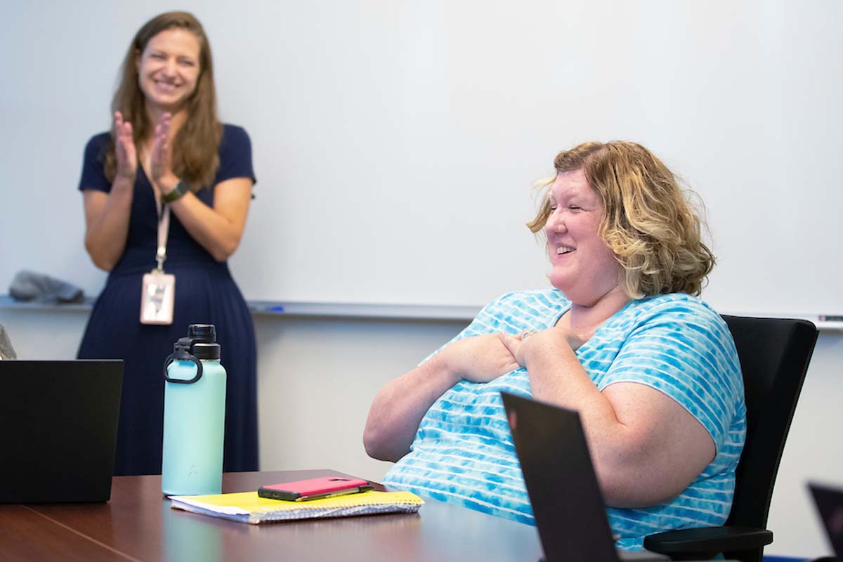 Karen Gilsdorf reacts emotionally to being named July 2022 Employee of the Month