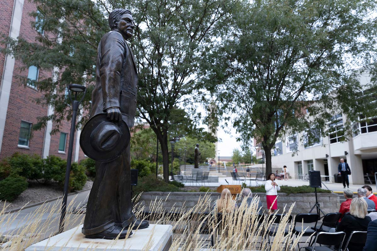Statues honoring Daniel E. Jenkins (foreground) and Phillip Milo Bail (background) stand in the Milo Bail Plaza of UNO's Dodge Campus.