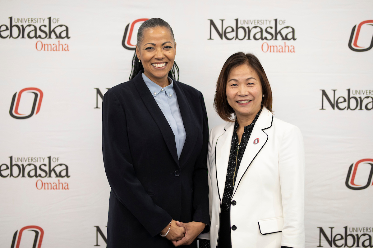 Veta Jeffery, president and CEO of the Greater Omaha Chamber, left, poses for a photo with UNO Chancellor Joanne Li, Ph.D., CFA, during the event.