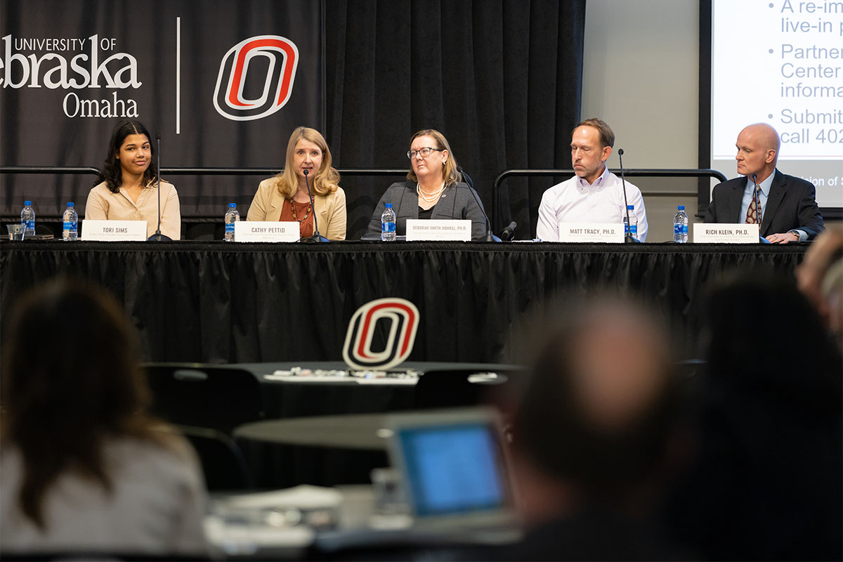 The first panel consisted of Tori Sims, student body president and student regent; Cathy Pettid, LMHP, associate vice chancellor for Student Life and Wellbeing and dean of students; Deborah Smith-Howell, Ph.D., interim senior vice chancellor for Academic Affairs; Matt Tracy, Ph.D., senior director of general education, academic assessment, and dual enrollment; and Rich Klein, Ph.D., vice chancellor for Institutional Effectiveness and Student Success.