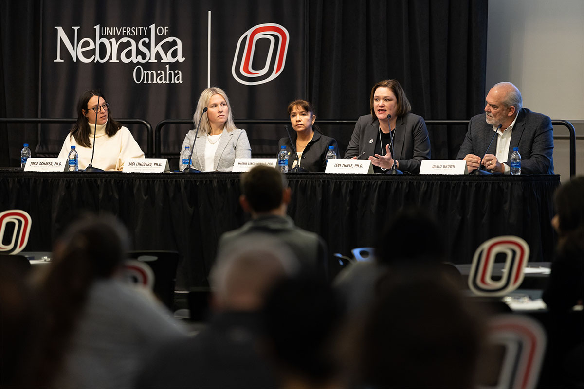 The second panel consisted of Josie Schafer, Ph.D., director of UNO’s Center for Public Affairs Research; Jaci Lindburg, Ph.D., associate vice chancellor for Innovative and Learning-Centric Initiatives; Martha Garcia-Murillo, Ph.D., dean of UNO’s College of Information Science & Technology; Levi Thiele, Ph.D., director of career services within UNO’s Academic & Career Development Center; and David Brown, former CEO of the Omaha Chamber and executive in residence at UNO.