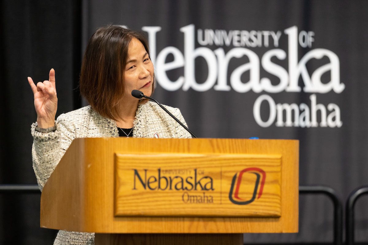 Chancellor Li concludes her remarks with a "Go Mavs!" at the Strategic Planning Forum on Dec. 2, 2022.