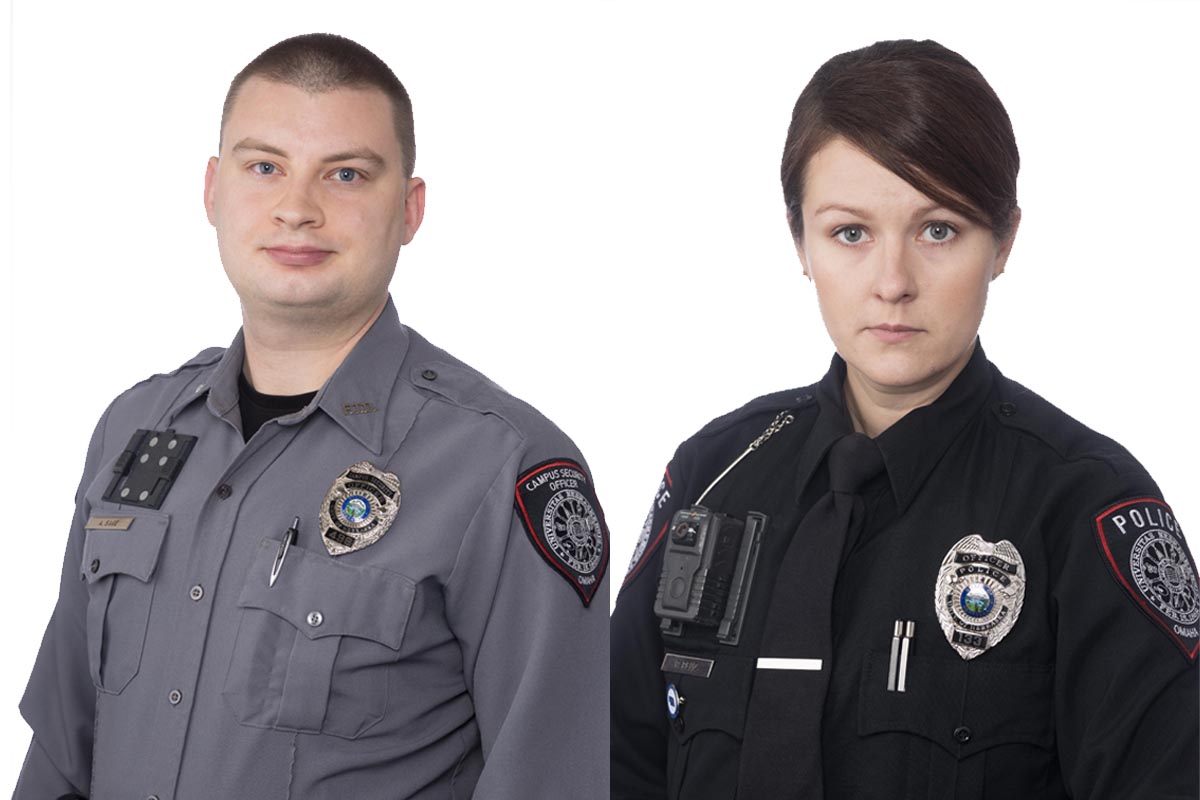 Officers Andrew Sage and Rebecca Renz were presented a KUDOS Award at the Dec. 2, 2022, Board of Regents meeting in recognition of their efforts to try and save the life of a young woman who was hit by a vehicle nearby campus in September.