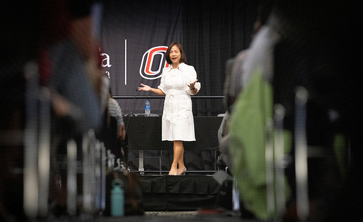 UNO Chancellor Joanne Li, Ph.D., CFA speaks with students, faculty, and staff at a campus forum held in October 2021.