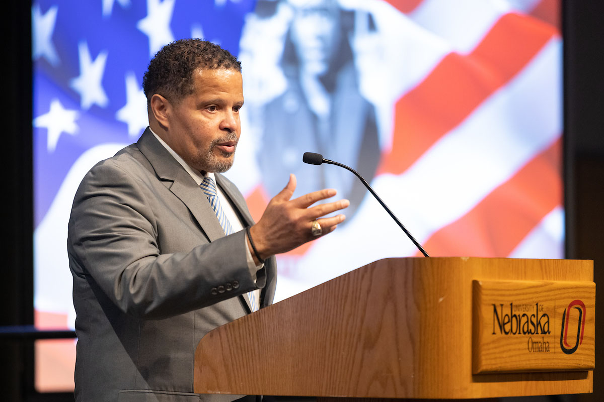 Eric Ewing, executive director of the Great Plains Black History Museum, shares remarks at the Hero of the Heartland event.