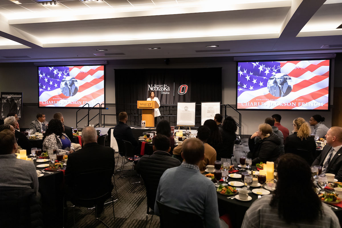 UNO Chancellor Joanne Li, Ph.D., CFA, speaks to the bravery and courage of Charles Jackson French at the Hero of the Heartland event.