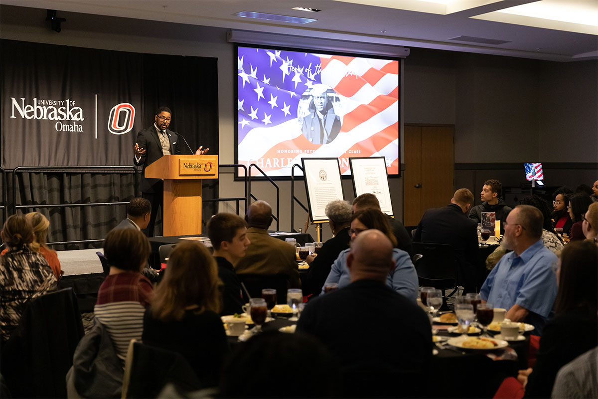 Keith Station, deputy chief of staff for diversity, equity, & inclusion for the City of Omaha, shares remarks at the Hero of the Heartland event.