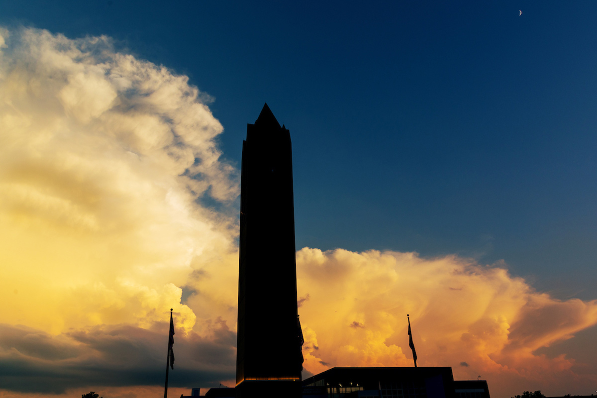 storm clouds over the Henningson Memorial Campanile