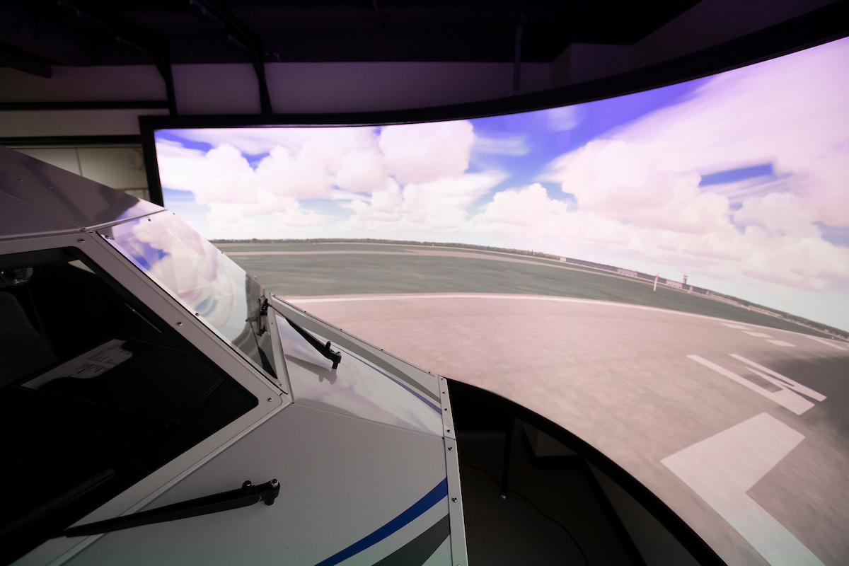 A 200-degree curved screen wraps around the nose of the simulated aircraft providing pilots with an immersive, seamless first-person view as they simulate flights to and from real-world airports, including Omaha’s Eppley Airfield.