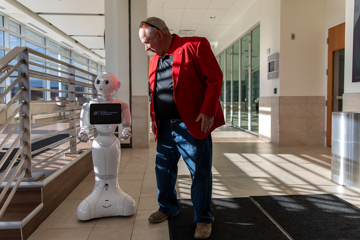 One of the University of Nebraska Board of Regents meeting Pepper, an artificial intelligence robot.