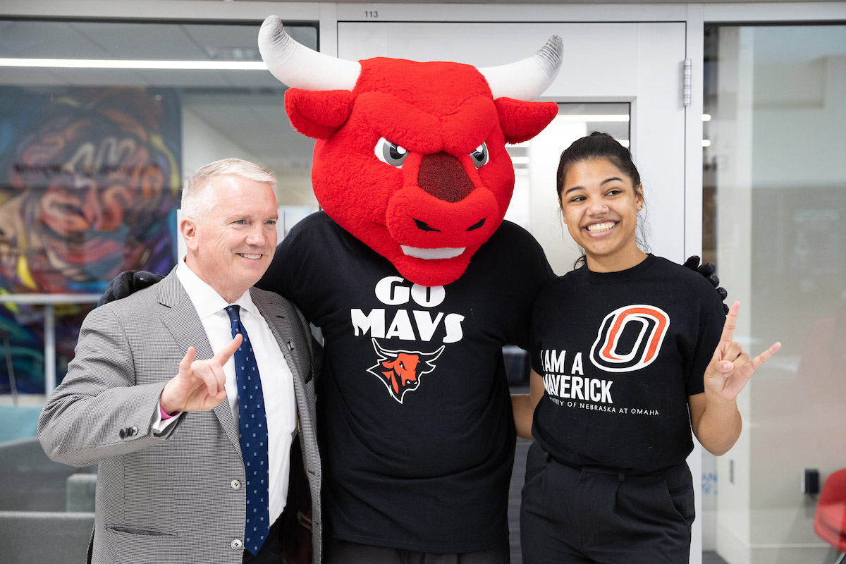 UNO Student Body President/Regent Tori Sims (right) poses with Durango and Regent Timothy Clare