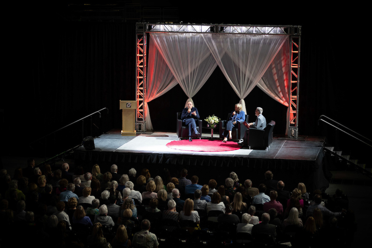 From left: James Patterson, Susan Patterson, and CFAM Dean Michael Hilt, Ph.D.