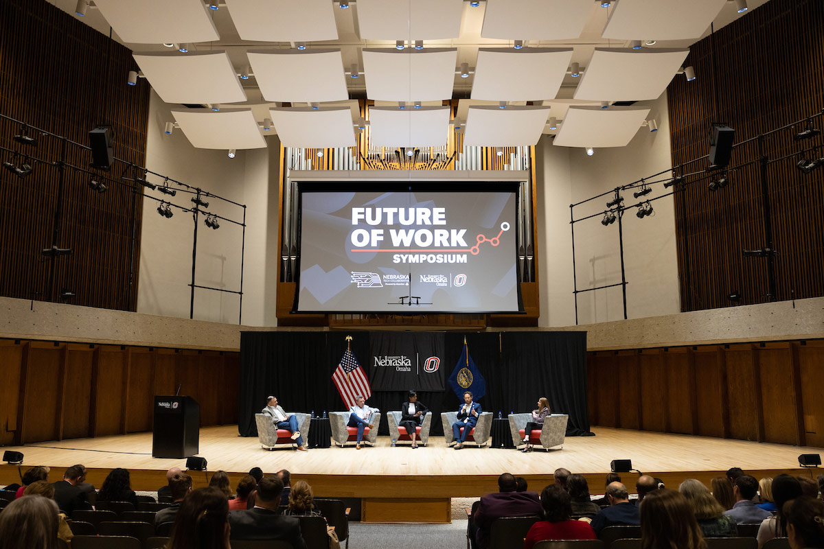 view of the stage at the Future of Work Symposium