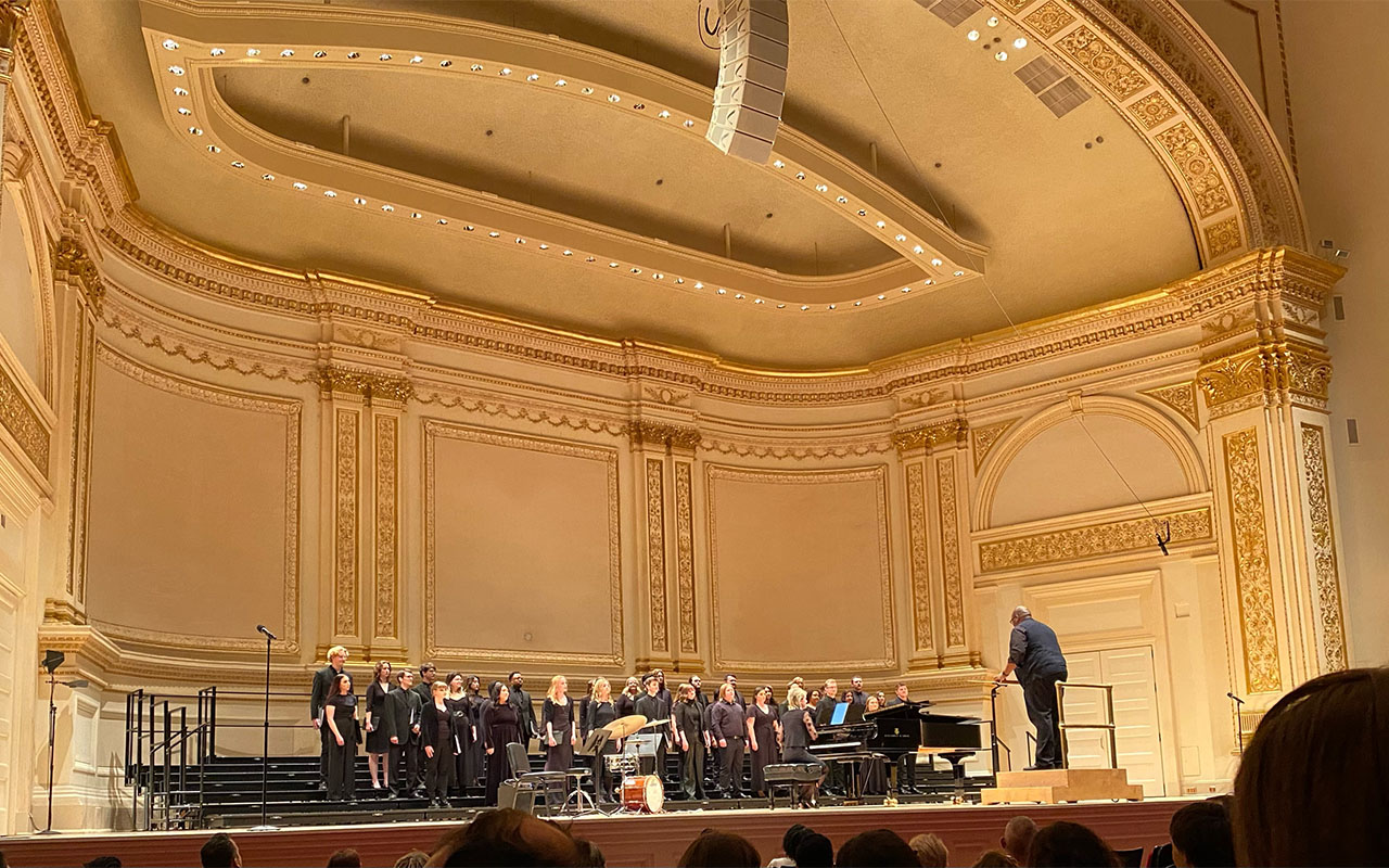 UNO choral students perform at Carnegie Hall under the direction of Derrick Fox, DMA. Photo credit: Derrick Fox.