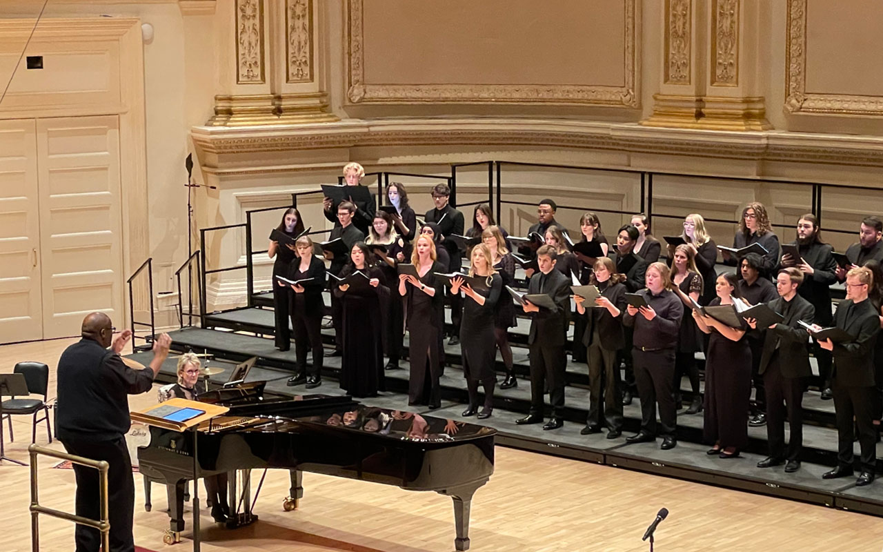 UNO choral students perform at Carnegie Hall under the direction of Derrick Fox, DMA. Photo credit: Derrick Fox.