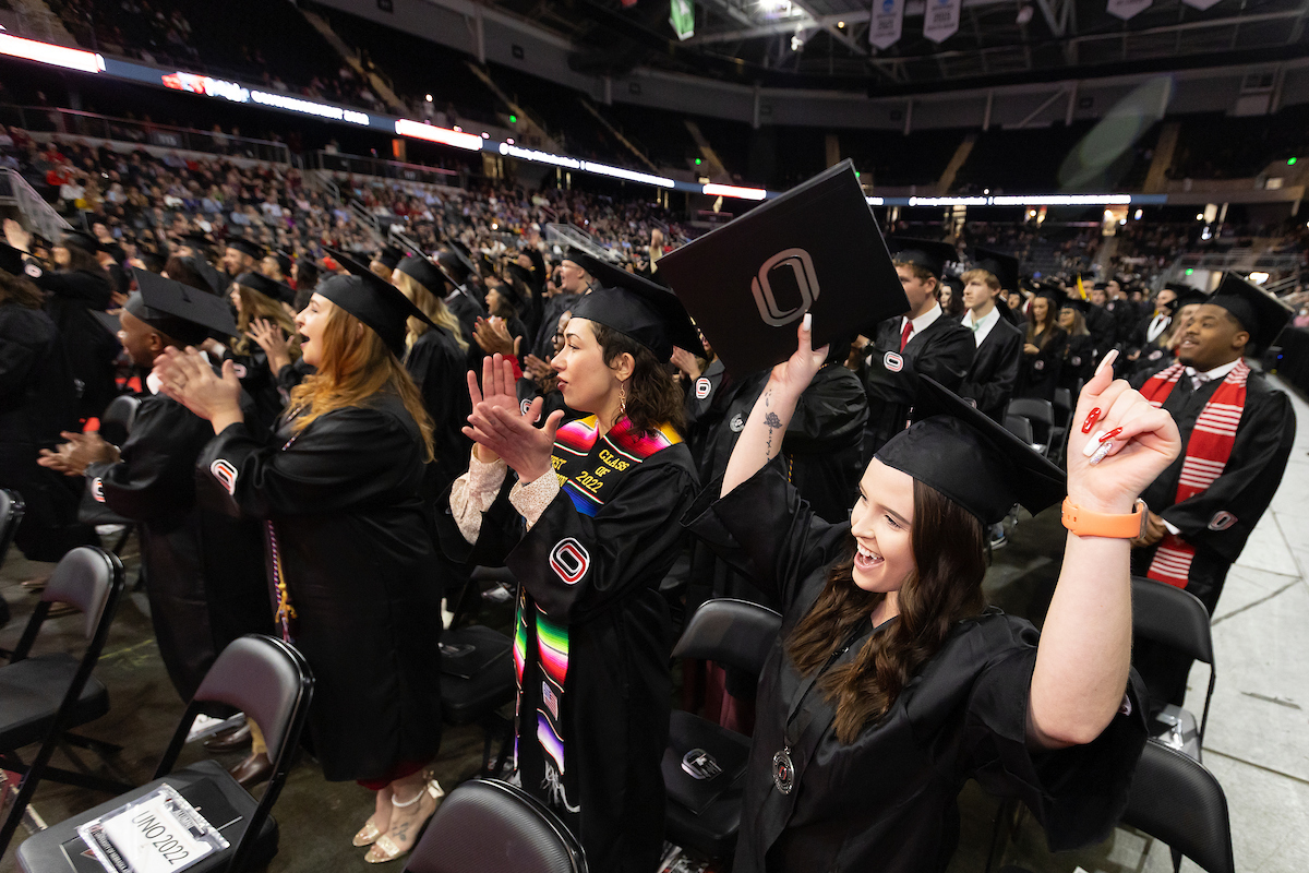 UNO's newest alumni celebrate at the university's December 2023 commencement ceremonies held at Baxter Arena.