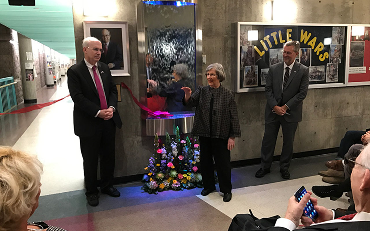 UNMC Chancellor Jeffrey Gold, Lou Ann Weber and CFAM Dean Michael Hilt at the 2019 dedication of a fountain in honor of Lou Ann's husband and UNO Chancellor Emeritus Del Weber.