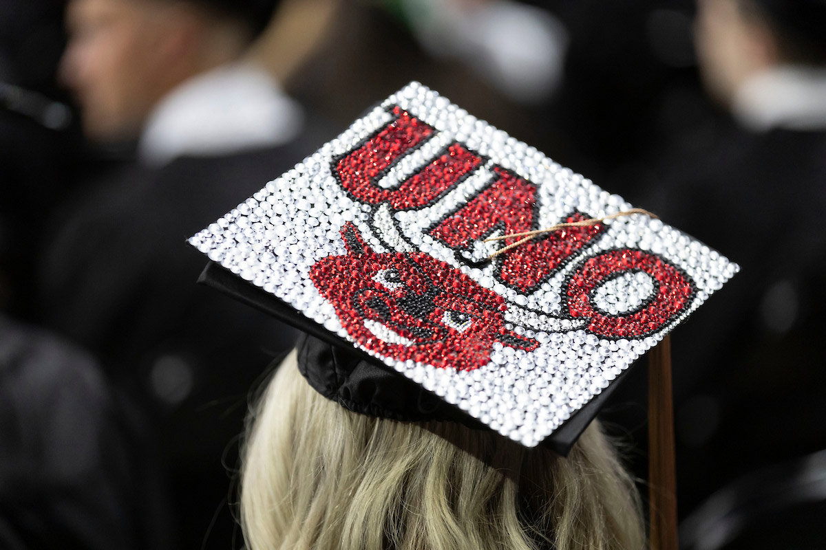 A bedazzeled graduation cap with UNO and Durango