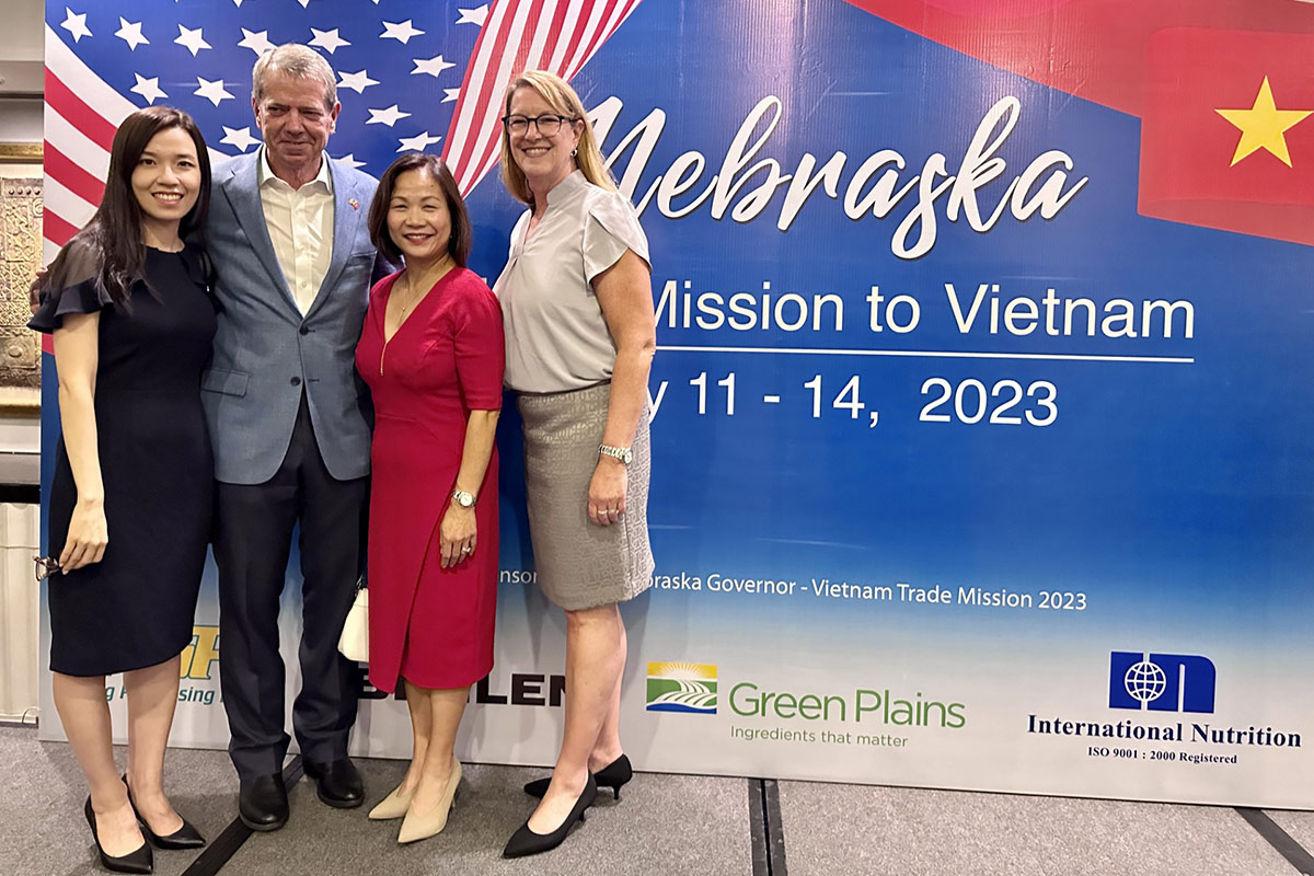 UNO Assistant Professor in the School of Public Administration, Trang Hoang, Ph.D.; Nebraska Governor Jim Pillen; UNO Chancellor Li, Ph.D., CFA; and UNO Interim Associate Vice Chancellor for Global Engagement Jody Neathery-Castro, Ph.D., at the reception.