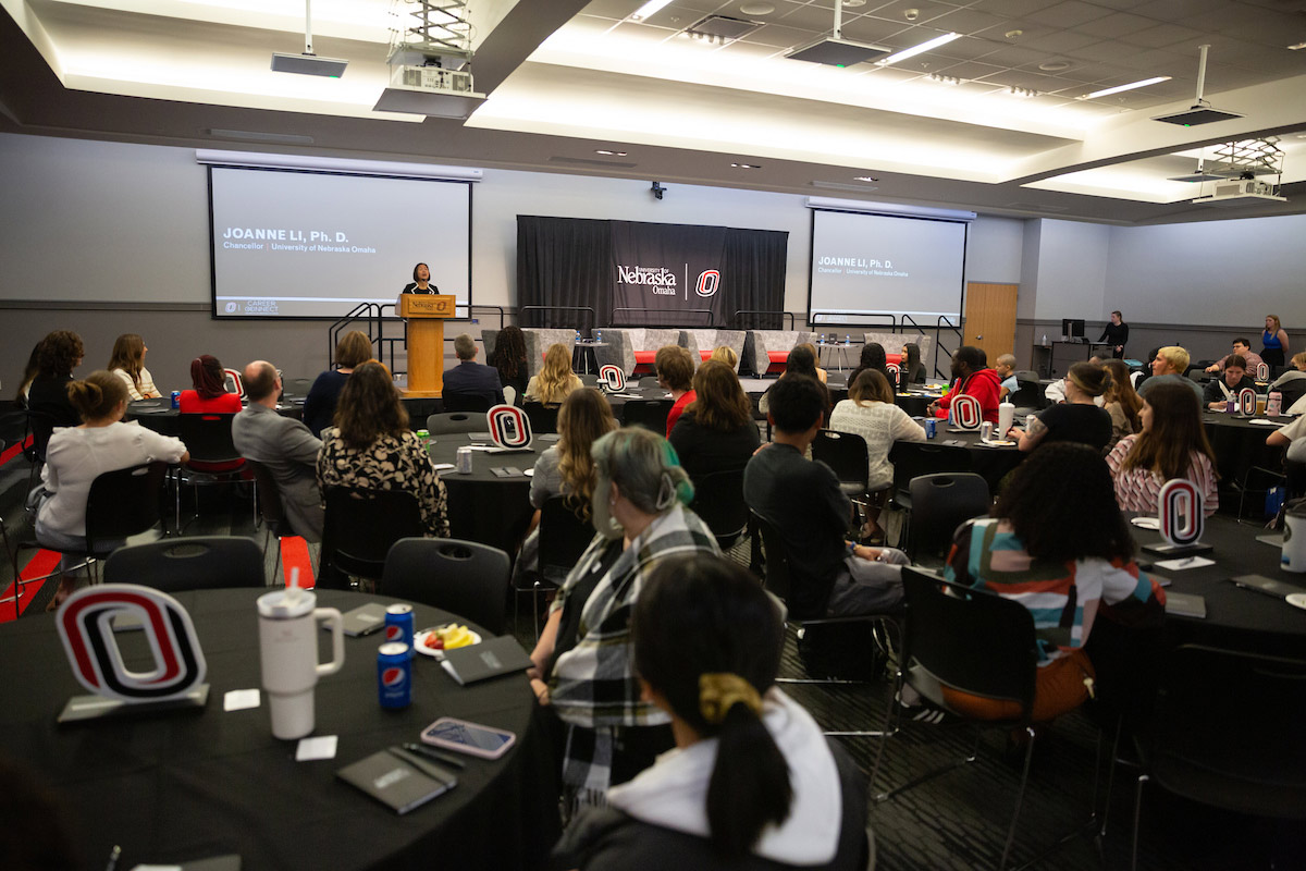 Chancellor Joanne Li, CFA, Ph.D., speaks to attendees at the Career Connect Symposium