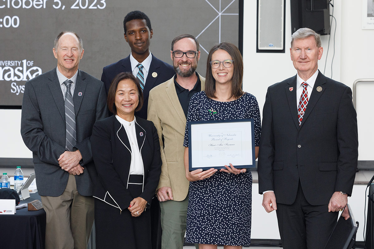 Pictured: Interim Dean of the College of Education, Health, and Human Sciences, Neal Grandgenett, Ph.D.; Regent Hakim Lotoro; UNO Chancellor Joanne Li, Ph.D., CFA; Christopher Furman; Huai-Mei Furman; and University of Nebraska (NU) System President Ted Carter.