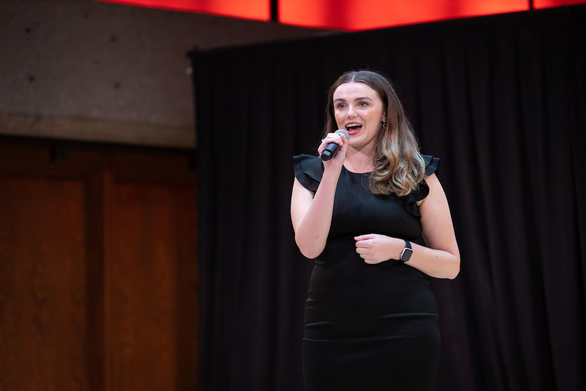 McKenna Cottone, a theatre student in UNO’s College of Communications, Fine Arts and Media introduced Chancellor Joanne Li, Ph.D., CFA.